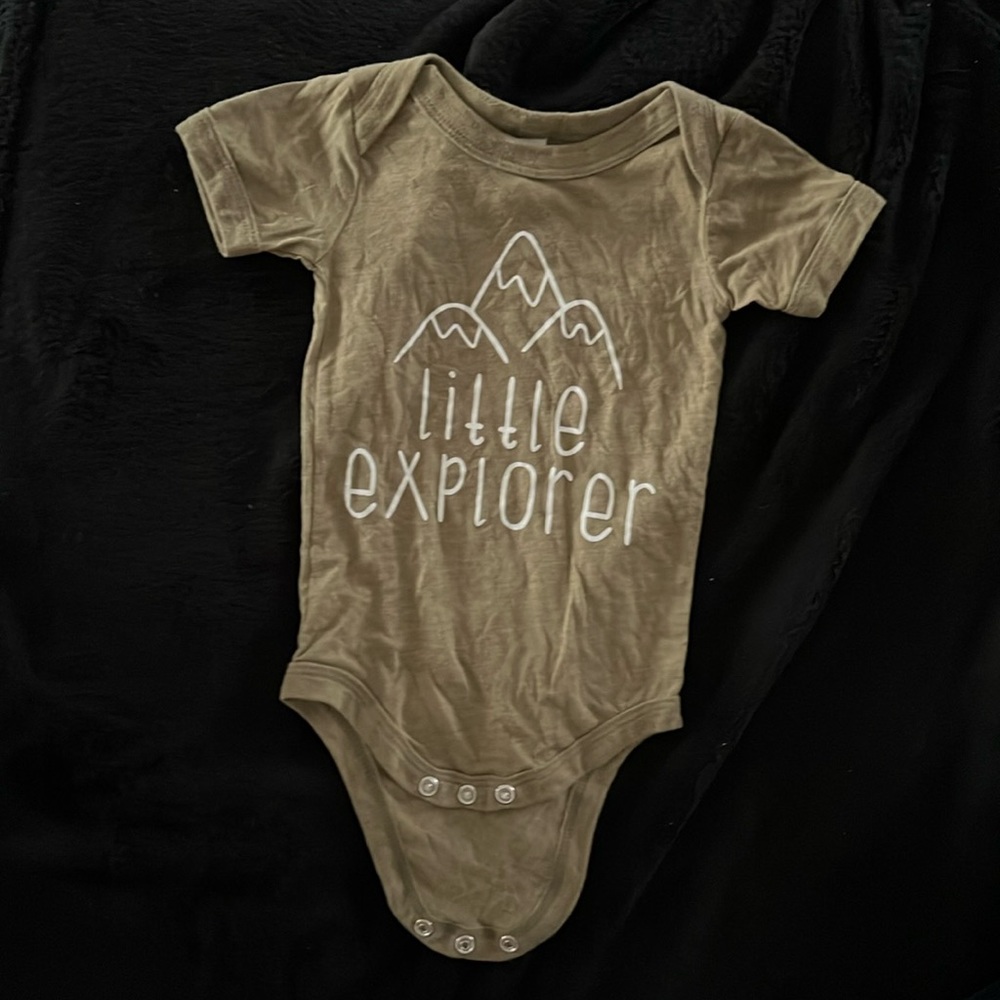12-18mth. “Little Explorer” green onesie.